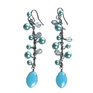 Ice Blue Faux Pearl and Beaded Dangle Earrings Silver Tone Chain Hook Jewelry